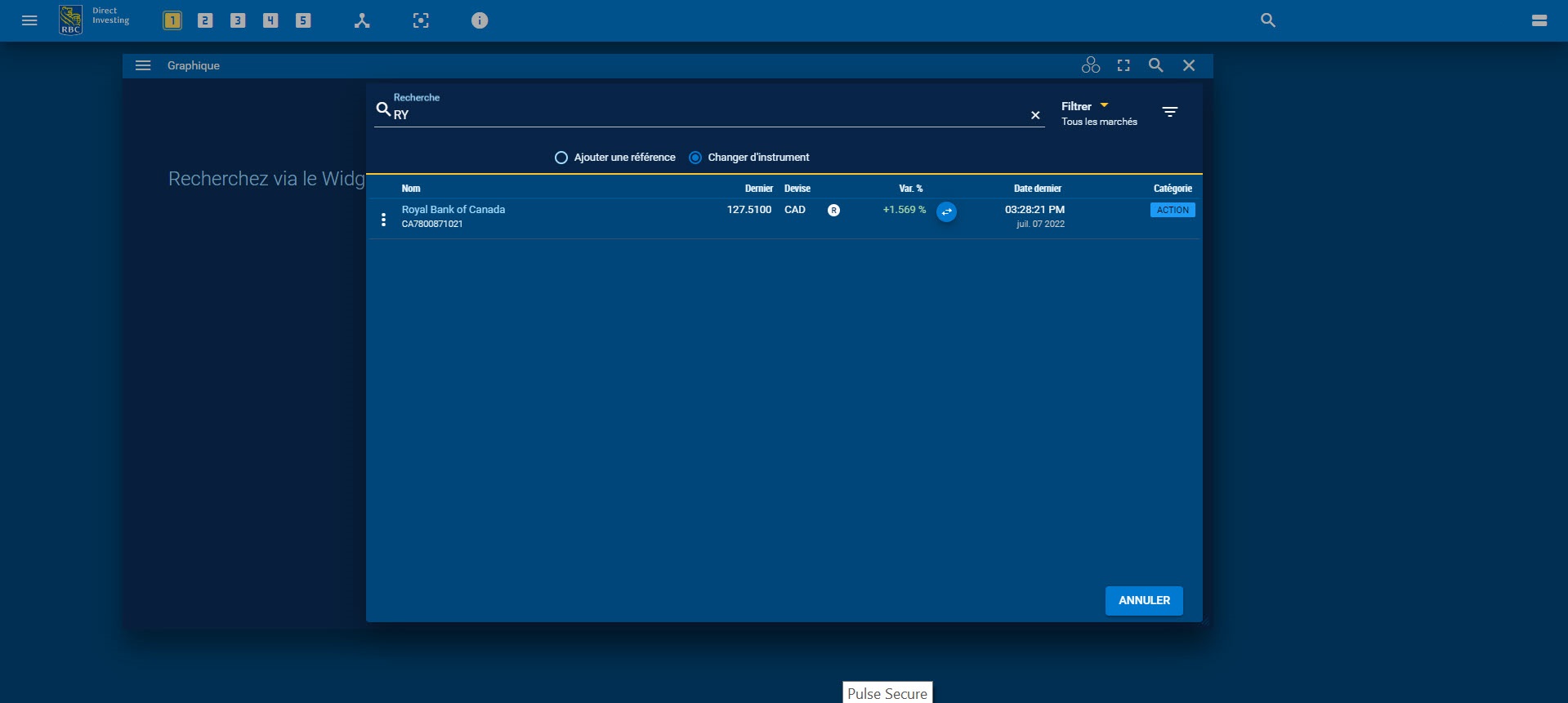Recherche d’un titre dans le widget graphique en cliquant sur l’icône de recherche